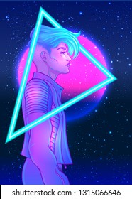 Portrait of a young pretty androgynous woman with short shaved pixie undercut in retro futurism style. Vector illustration in neon bright colors. Blue short hair. futuristic synth wave  flyer template