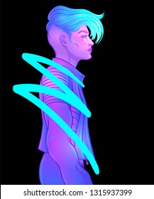 Portrait of a young pretty androgynous woman with short shaved pixie undercut in retro futurism style. Vector illustration in neon bright colors. Blue short hair. futuristic synth wave  flyer template