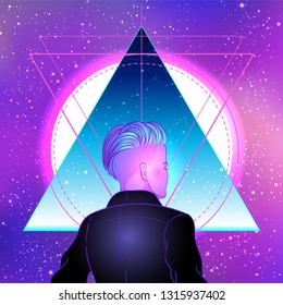 Portrait of a young pretty androgynous woman with short shaved pixie undercut in retro futurism style. Vector illustration in neon bright colors. Blue short hair. futuristic synth wave  flyer template
