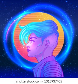 Portrait of a young pretty androgynous woman with short shaved pixie undercut in retro futurism style. Vector illustration in neon bright colors. Blue short hair. futuristic synth wave  flyer template