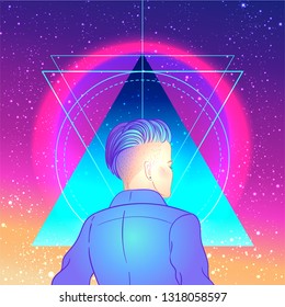 Portrait of a young pretty androgynous woman with short shaved pixie undercut in retro futurism style. Vector illustration in neon bright colors. Blue short hair. futuristic synth wave  flyer template