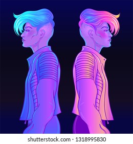 Portrait of a young pretty androgynous woman with short shaved pixie undercut in retro futurism style. Vector illustration in neon bright colors. Blue short hair. futuristic synth wave flyer template.