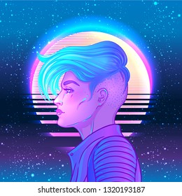 Portrait of a young pretty androgynous woman with short shaved pixie undercut in retro futurism style. Vector illustration in neon bright colors. Blue short hair. futuristic synth wave  flyer template