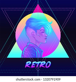 Portrait of a young pretty androgynous woman with short shaved pixie undercut in retro futurism style. Vector illustration in neon bright colors. Blue short hair. futuristic synth wave flyer template.