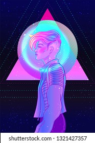 Porträt einer jungen, hübschen androgynen Frau mit kurzen rasierten Pixelflächen, unterschnitten im Retro-Futurismus-Stil. Vektorillustration Illustration in Neonfarben. Blaues kurzes Haar. futuristische Synth-Wave-Flyer-Vorlage.