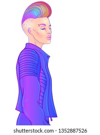 Portrait of a young pretty androgynous woman with short shaved pixie undercut in retro futurism style. Vector illustration in neon bright colors. Blue short hair. futuristic synth wave flyer template.