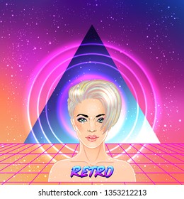 Portrait of a young pretty androgynous woman with short shaved pixie undercut in retro futurism style. Vector illustration in neon bright colors. Blue short hair. futuristic synth wave flyer template