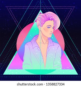 Portrait of a young pretty androgynous woman with short shaved pixie undercut in retro futurism style. Vector illustration in neon bright colors. Blue short hair. futuristic synth wave flyer template