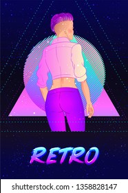 Portrait of a young pretty androgynous woman with short shaved pixie undercut in retro futurism style. Vector illustration in neon bright colors. Pink short hair. futuristic synth wave flyer template