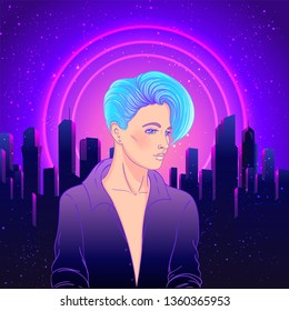 Portrait of a young pretty androgynous woman with short shaved pixie undercut in retro futurism style. Vector illustration in neon bright colors.  short hair. futuristic synth wave flyer template.