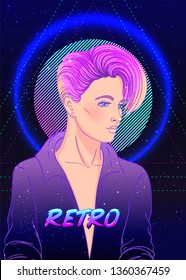 Portrait of a young pretty androgynous woman with short shaved pixie undercut in retro futurism style. Vector illustration in neon bright colors. Blue short hair. futuristic synth wave flyer template