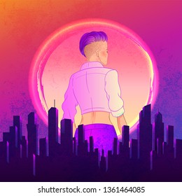 Portrait of a young pretty androgynous woman with short shaved pixie undercut in retro futurism style. Vector illustration in neon bright colors.  short hair. futuristic synth wave flyer template.