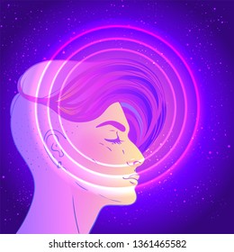 Portrait of a young pretty androgynous woman with short shaved pixie undercut in retro futurism style. Vector illustration in neon bright colors. short hair. futuristic synth wave flyer template