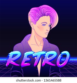 Portrait of a young pretty androgynous woman with short shaved pixie undercut in retro futurism style. Vector illustration in neon bright colors. short hair. futuristic synth wave flyer template