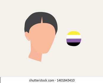 Portrait of a young pretty androgynous woman with short bob haircut, nonbinary flag, flat illustration design