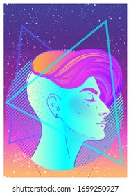 Portrait of a young pretty androgynous woman with short shaved pixie undercut in retro futurism style. Vector illustration in neon bright colors. Blue short hair. futuristic synth wave flyer template