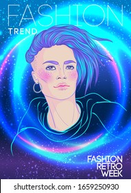 Portrait of a young pretty androgynous woman with short shaved pixie undercut in retro futurism style. Vector illustration in neon bright colors. Blue short hair. futuristic synth wave flyer template