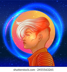 Portrait of a young pretty androgynous woman with short shaved pixie undercut in retro futurism style. Vector illustration in neon bright colors. Blue short hair. futuristic synth wave  flyer template