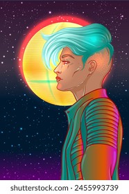 Portrait of a young pretty androgynous woman with short shaved pixie undercut in retro futurism style. Vector illustration in neon bright colors. Blue short hair. futuristic synth wave  flyer template