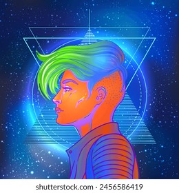 Portrait of a young pretty androgynous woman with short shaved pixie undercut in retro futurism style. Vector illustration in neon bright colors. Blue short hair. futuristic synth wave  flyer template