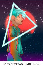 Portrait of a young pretty androgynous woman with short shaved pixie undercut in retro futurism style. Vector illustration in neon bright colors. Blue short hair. futuristic synth wave  flyer template