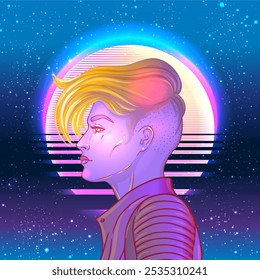 Porträt einer jungen hübschen androgynen Frau mit kurzen rasierten Pixie-Unterschnitt im Retro-Futurismus-Stil. Vektorgrafik in Neonfarben. Blaues kurzes Haar