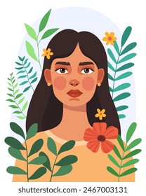 Portrait of a young pretty brunette girl surrounded by flowers. Female portrait, vector illustration. Ecological, natural concept. Summer, spring.