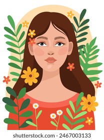 Portrait of a young pretty brunette girl surrounded by flowers. Female portrait, vector illustration. Ecological, natural concept. Summer, spring.