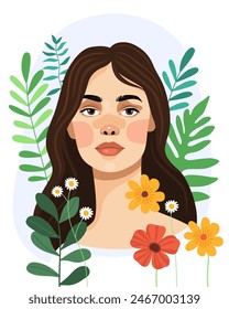 Portrait of a young pretty brunette girl surrounded by flowers. Summer, spring vector illustration, sketch. A stylish portrait of a woman.  Ecological, natural concept. 