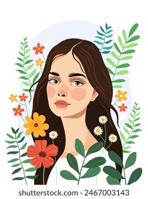 Portrait of a young pretty brunette girl surrounded by flowers. Summer, spring. Female portrait, vector illustration. A stylish portrait of a woman. Avatar.