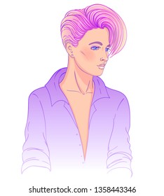 Portrait of a young pretty caucasian woman with short pixie cut. Dyed hair. Vector illustration isolated. Hand drawn art of a boyish looking girl. Modern street subculture haircut for woman.