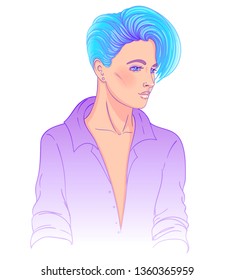 Portrait of a young pretty caucasian woman with short pixie cut. Dyed hair. Vector illustration isolated. Hand drawn art of a boyish looking girl. Modern street subculture haircut for woman.