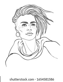 Portrait of a young pretty caucasian woman with short pixie cut. Vector illustration isolated. Hand drawn art of a boyish looking girl. Modern street subculture haircut for woman.