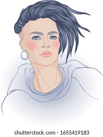 Portrait of a young pretty caucasian woman with short pixie cut. Vector illustration isolated. Hand drawn art of a boyish looking girl. Modern street subculture haircut for woman.