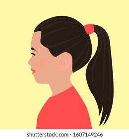 Portrait of a young pretty woman in profile. Head of a beautiful european girl. Long hair pulled in a ponytail.  Lips and blouse are red. Social media avatar. Flat vector illustration.
