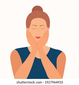 Portrait of a young pretty woman resting her face in her hands. She feels sleepy, confounded, hopeful, boring. Dreamer woman with closed eyes sleeping while waiting Flat Vector Illustration