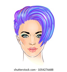 Portrait of a young pretty woman with short pixie cut. Purple hair. Vector illustration isolated on white. Hand drawn art of a modern girl. Modern street subculture haircut for woman.