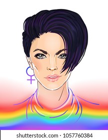 Portrait of a young pretty woman with short pixie haircut. Rainbow colored. LGBT concept. Vector illustration isolated on white. Hand drawn art of a modern girl.