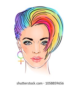 Portrait of a young pretty woman with short pixie haircut. Rainbow colored hair. LGBT concept. Vector illustration isolated on white. Hand drawn art of a modern girl.