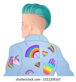 Portrait of a young pretty woman with short shaved pixie undercut. Rainbow LGBT symbols as pins or patches on her back. Vector illustration isolated. 