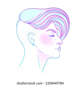 Portrait of a young pretty woman with side shaved hair. Vector illustration isolated. Hand drawn art of a boyish looking girl. Modern street subculture haircut for woman. Side view.