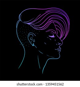 Portrait of a young pretty woman with side shaved hair. Vector illustration isolated. Hand drawn art of a boyish looking girl. Modern street subculture haircut for woman. Side view.