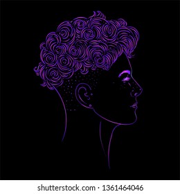 Portrait of a young pretty woman with side shaved curly hair. Vector illustration isolated. Hand drawn art of a boyish looking girl. Modern street subculture haircut for woman. Side view.