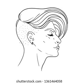 Portrait of a young pretty woman with side shaved hair. Vector illustration isolated. Hand drawn art of a boyish looking girl. Modern street subculture haircut for woman. Side view.