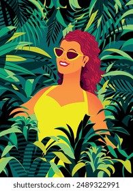 Portrait of a young pretty woman in a yellow dress and glasses in the tropical rainforest. Handmade drawing vector illustration. Retro style poster.