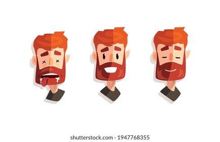 Portrait of Young Red Haired bearded Man with Different Face Expressions Set Cartoon Vector Illustration