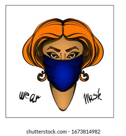 Portrait of young red head woman in blue medical face mask. virus in China. Concept of coronavirus quarantine. Vector illustration of medic, doctor in mask.  Warning and safe. Fairy girl character