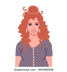 Portrait of a young red-haired curly woman with a smile.Flat vector graphics.