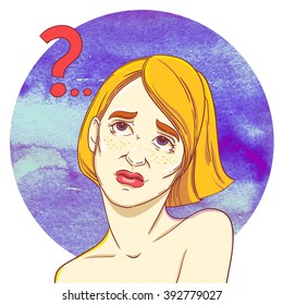 Portrait of a young red-haired girl doubters. Question mark.