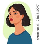 Portrait of a young runette woman with brown eyes and blue clothes. Women's day. Pretty european girl 
with bob hairstyle. Vector illustration.